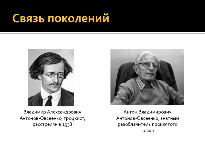 Связь поколений Владимир Александрович Антонов-Овсеенко, троцкист, расстрелян в 1938 Антон Владимирович Антонов-Овсеенко, знатный разоблачитель проклятого совка