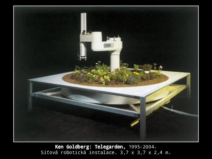 Ken Goldberg: Telegarden, 1995-2004. Síťová robotická instalace. 3,7 x 3,7 x 2,4 m.