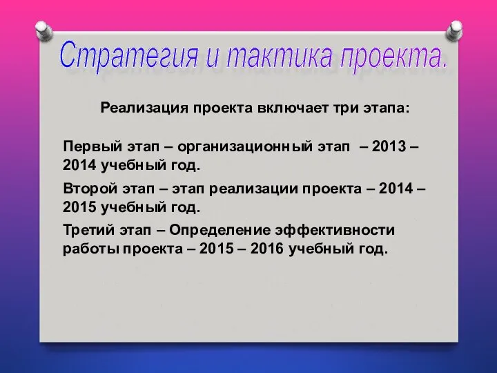 Стратегия и тактика проекта. Реализация проекта включает три этапа: Первый этап