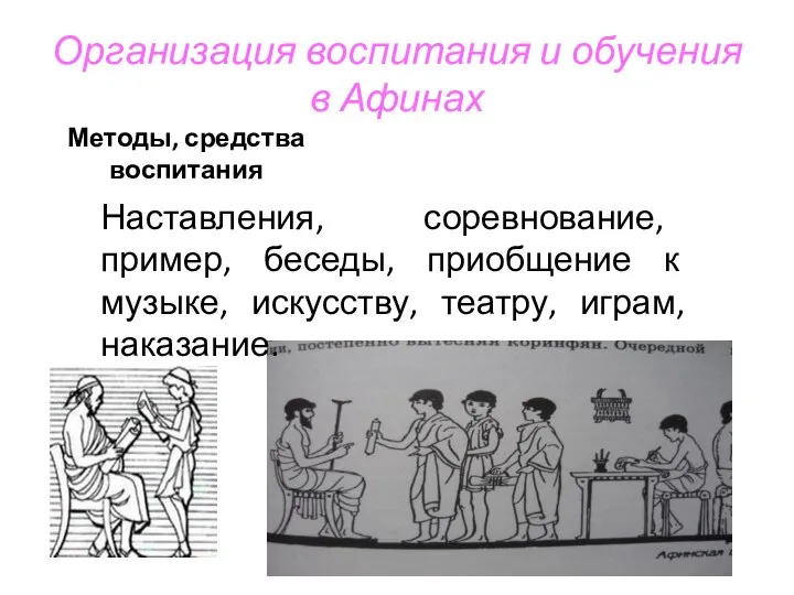 Организация воспитания и обучения в Афинах Методы, средства воспитания Наставления, соревнование,