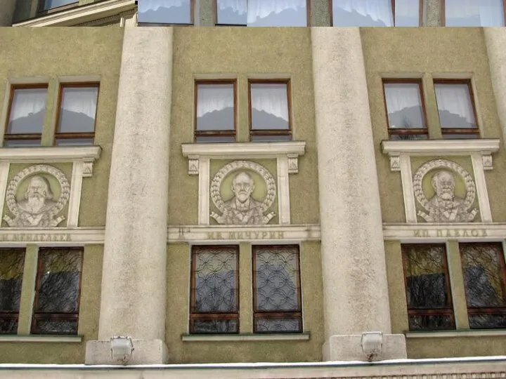 На уровне второго этажа размещены горельефы русских и украинских писателей, деятелей науки.