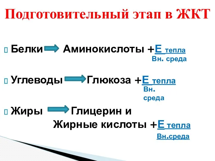 Белки Аминокислоты +Е тепла Углеводы Глюкоза +Е тепла Жиры Глицерин и