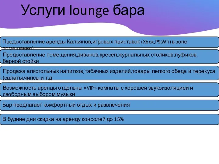 Услуги lounge бара Предоставление аренды Кальянов,игровых приставок (Xbox,PS,Wii (в зоне помещения)