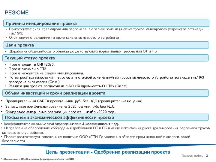 РЕЗЮМЕ Цель презентации - Одобрение реализации проекта Коэффициент экономической оправданности: J-коэффициент