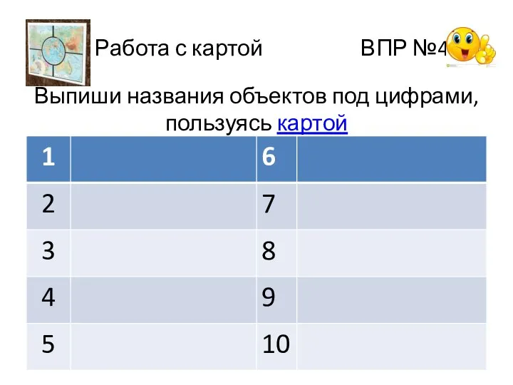 Работа с картой ВПР №4 Выпиши названия объектов под цифрами, пользуясь картой