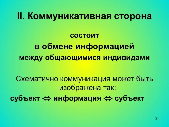 II. Коммуникативная сторона состоит в обмене информацией между общающимися индивидами Схематично