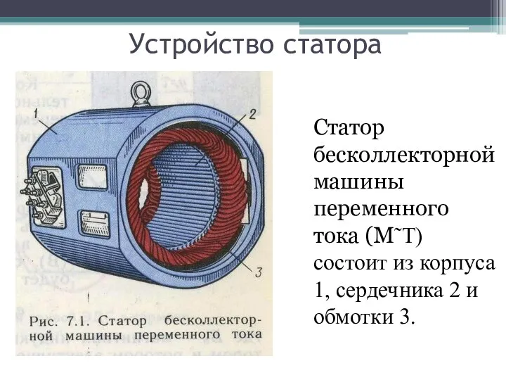 Устройство статора Статор бесколлекторной машины переменного тока (М˜Т) состоит из корпуса