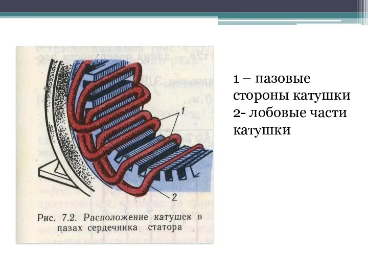 1 – пазовые стороны катушки 2- лобовые части катушки