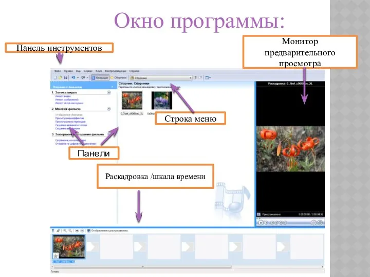 Окно программы: Панели Раскадровка /шкала времени Строка меню Панель инструментов Монитор предварительного просмотра