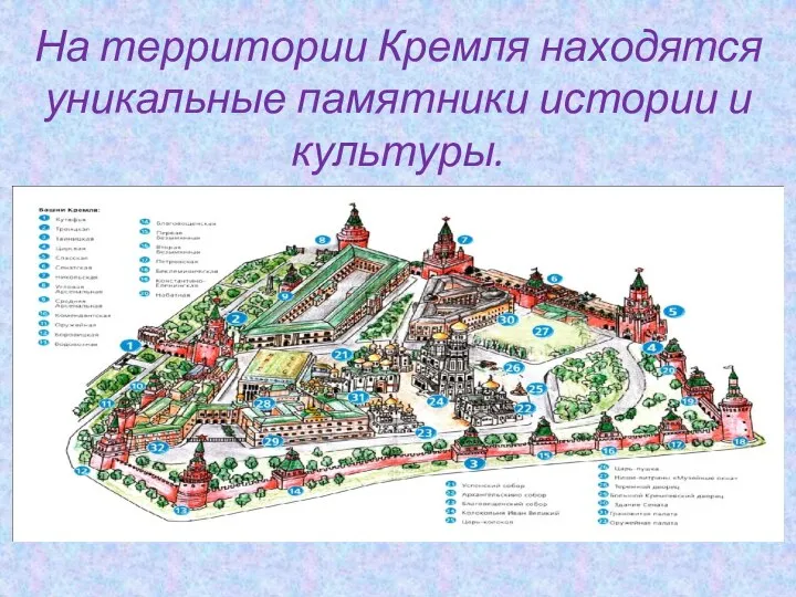 На территории Кремля находятся уникальные памятники истории и культуры.