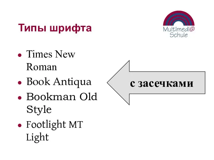 Типы шрифта Times New Roman Book Antiqua Bookman Old Style Footlight MT Light с засечками