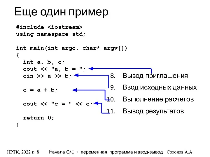 НРТК, 2022 г. Начала С/C++: переменная, программа и ввод-вывод Созонов А.А.