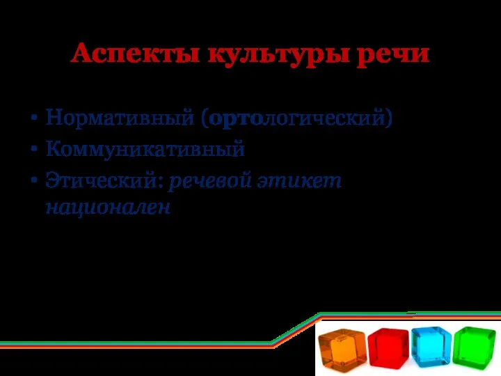 Аспекты культуры речи Нормативный (ортологический) Коммуникативный Этический: речевой этикет национален