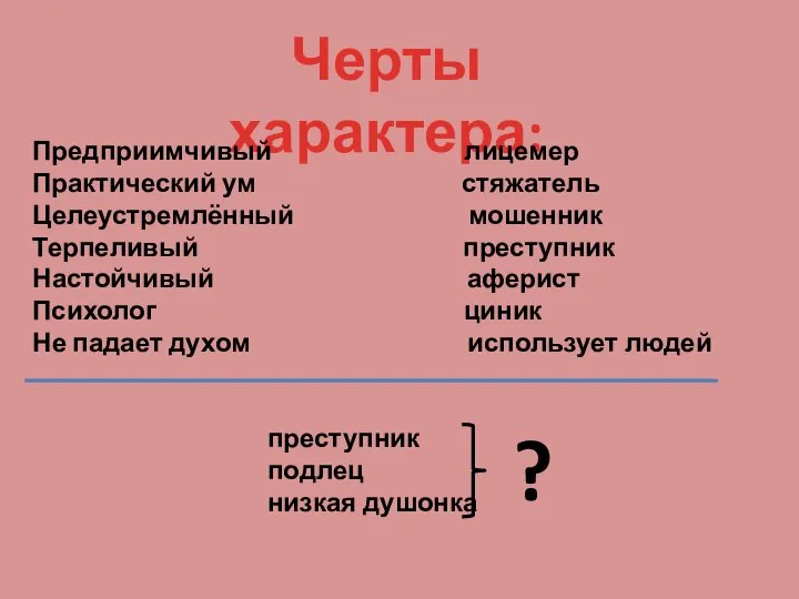 Черты характера: Предприимчивый лицемер Практический ум стяжатель Целеустремлённый мошенник Терпеливый преступник