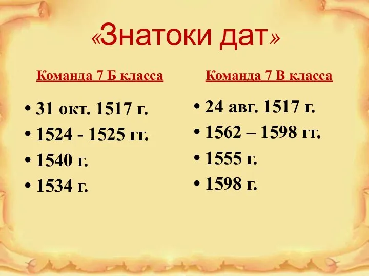 «Знатоки дат» Команда 7 Б класса 31 окт. 1517 г. 1524