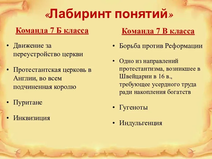 «Лабиринт понятий» Команда 7 Б класса Движение за переустройство церкви Протестантская