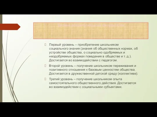 Уровни воспитательных результатов Первый уровень – приобретение школьником социального знания (знания