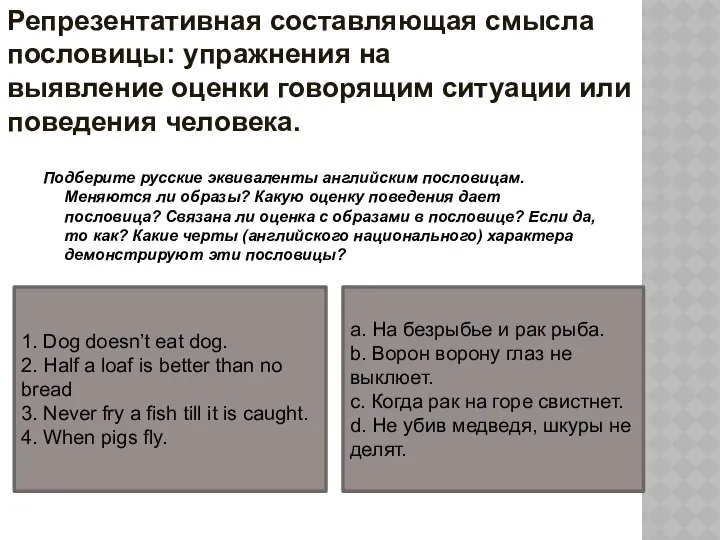 Подберите русские эквиваленты английским пословицам. Меняются ли образы? Какую оценку поведения