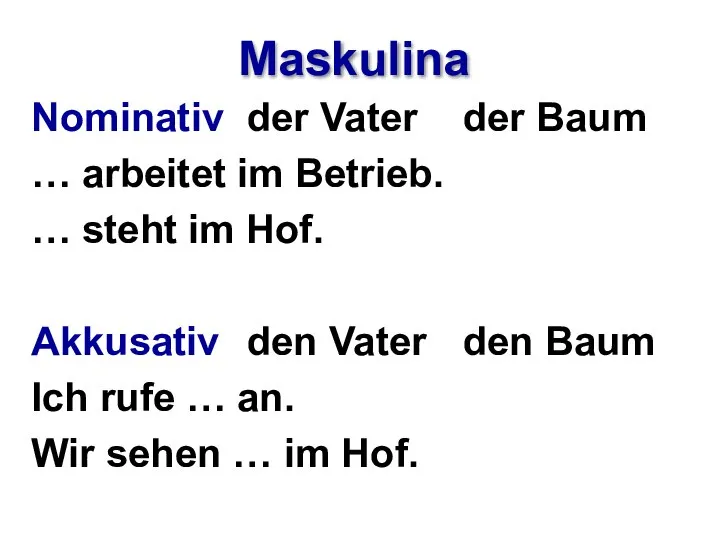 Maskulina Nominativ der Vater der Baum … arbeitet im Betrieb. …