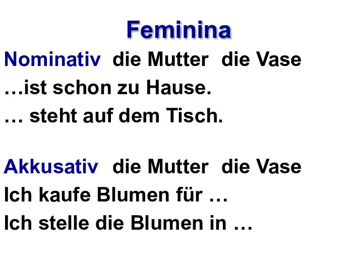 Feminina Nominativ die Mutter die Vase …ist schon zu Hause. …