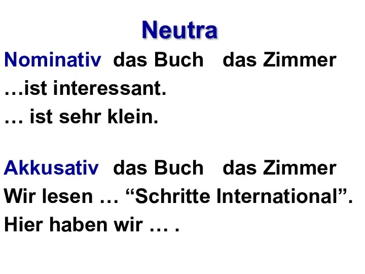 Neutra Nominativ das Buch das Zimmer …ist interessant. … ist sehr