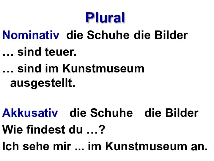 Plural Nominativ die Schuhe die Bilder … sind teuer. … sind