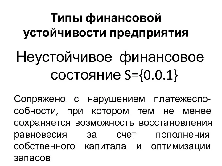 Типы финансовой устойчивости предприятия Неустойчивое финансовое состояние S={0.0.1} Сопряжено с нарушением