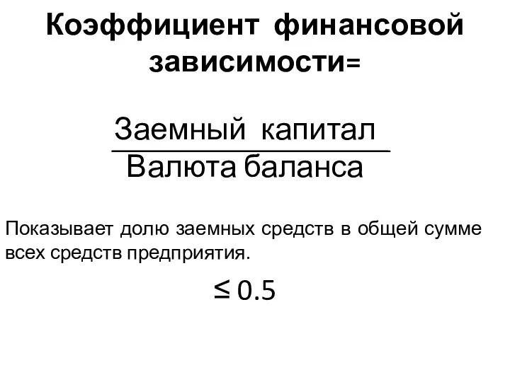 Коэффициент финансовой зависимости= Заемный капитал Валюта баланса Показывает долю заемных средств