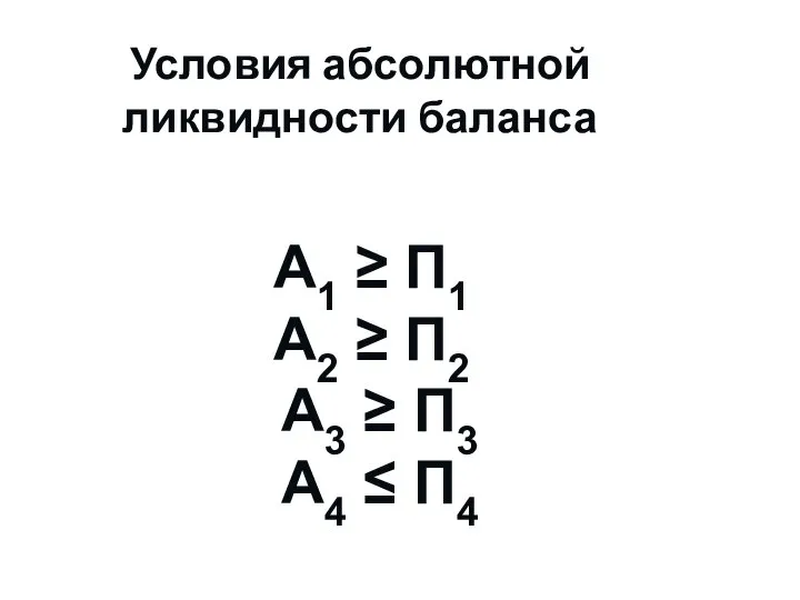 Условия абсолютной ликвидности баланса А1 ≥ П1 А2 ≥ П2 А3 ≥ П3 А4 ≤ П4