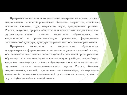 Программа воспитания и социализации построена на основе базовых национальных ценностей российского