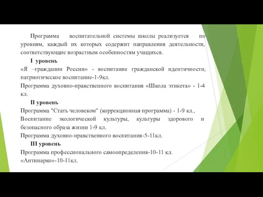 Программа воспитательной системы школы реализуется по уровням, каждый их которых содержит