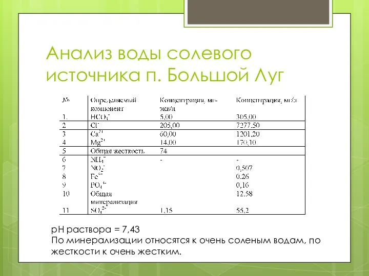 Анализ воды солевого источника п. Большой Луг рН раствора = 7,43