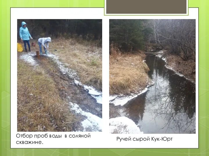 Отбор проб воды в соляной скважине. Ручей сырой Кук-Юрт