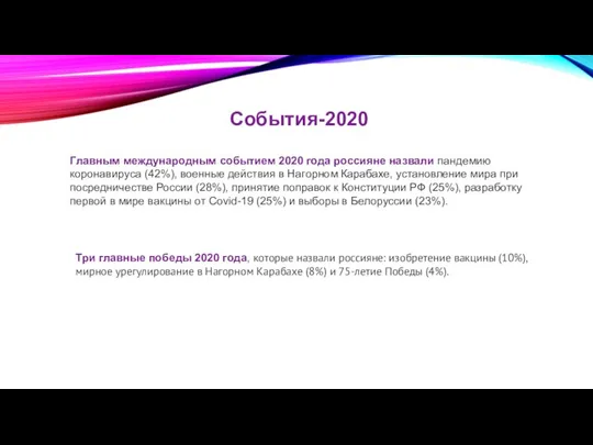 События-2020 Главным международным событием 2020 года россияне назвали пандемию коронавируса (42%),