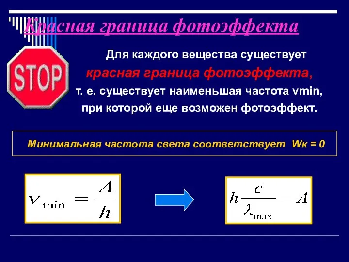 Красная граница фотоэффекта Для каждого вещества существует красная граница фотоэффекта, т.