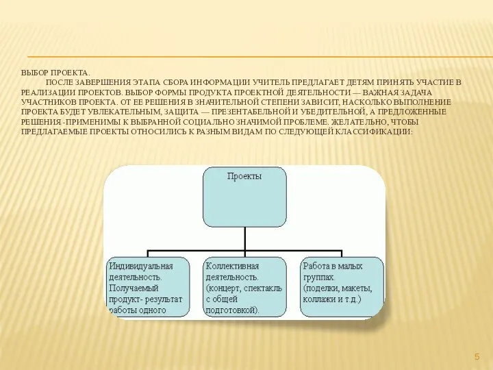 ВЫБОР ПРОЕКТА. ПОСЛЕ ЗАВЕРШЕНИЯ ЭТАПА СБОРА ИНФОРМАЦИИ УЧИТЕЛЬ ПРЕДЛАГАЕТ ДЕТЯМ ПРИНЯТЬ