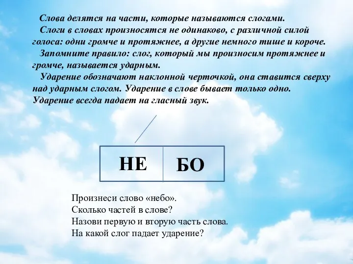 НЕ БО Слова делятся на части, которые называются слогами. Слоги в