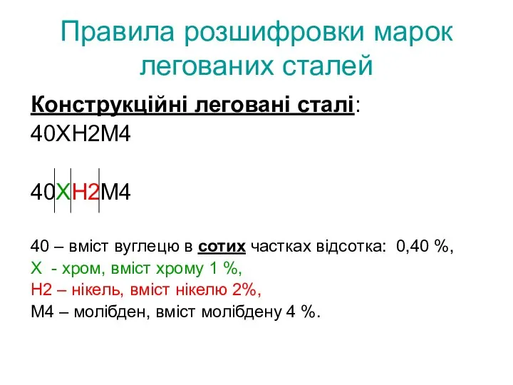 Правила розшифровки марок легованих сталей Конструкційні леговані сталі: 40ХН2М4 40ХН2М4 40