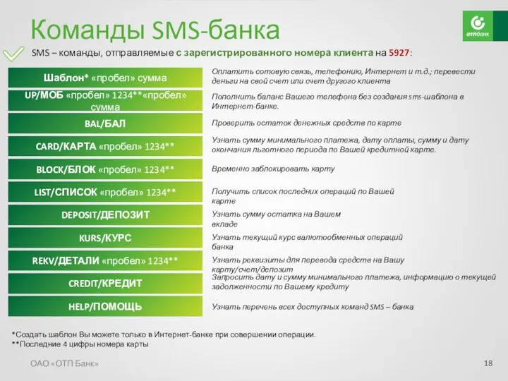 Команды SMS-банка ОАО «ОТП Банк» SMS – команды, отправляемые с зарегистрированного