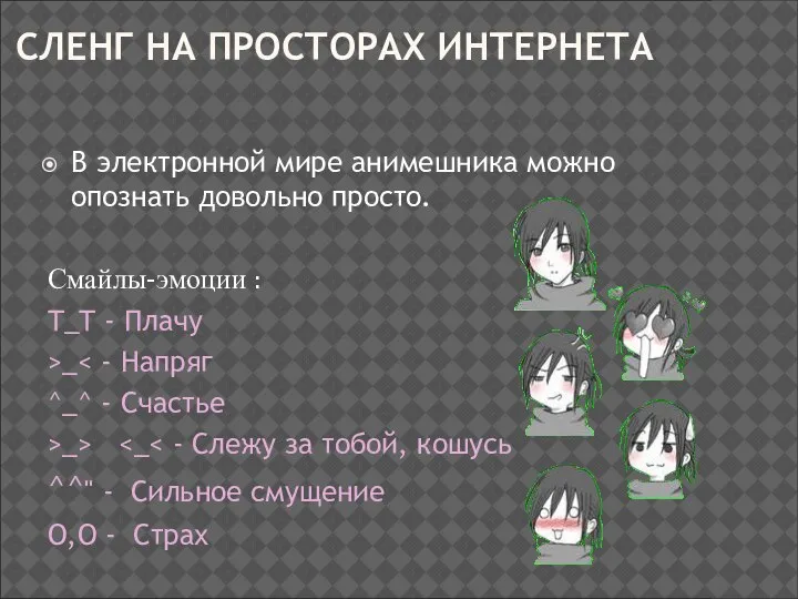 СЛЕНГ НА ПРОСТОРАХ ИНТЕРНЕТА В электронной мире анимешника можно опознать довольно