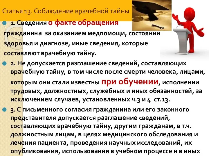 Статья 13. Соблюдение врачебной тайны 1. Сведения о факте обращения гражданина