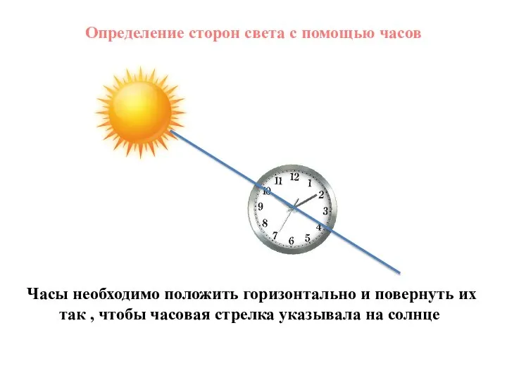 Определение сторон света с помощью часов Часы необходимо положить горизонтально и