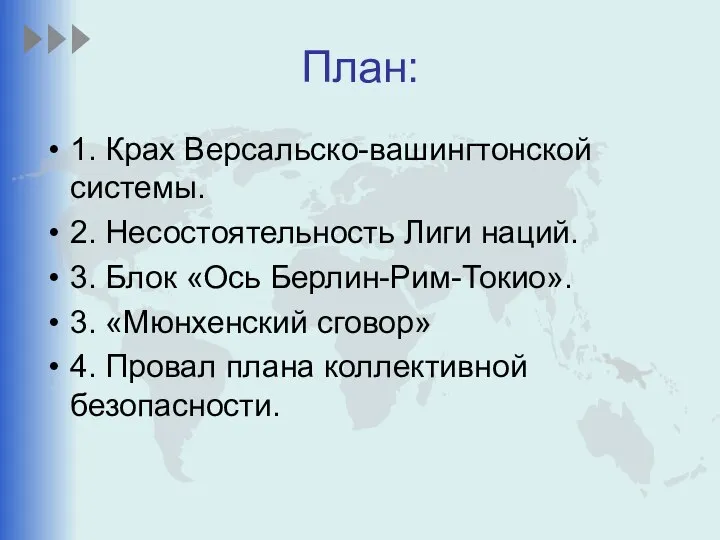 План: 1. Крах Версальско-вашингтонской системы. 2. Несостоятельность Лиги наций. 3. Блок