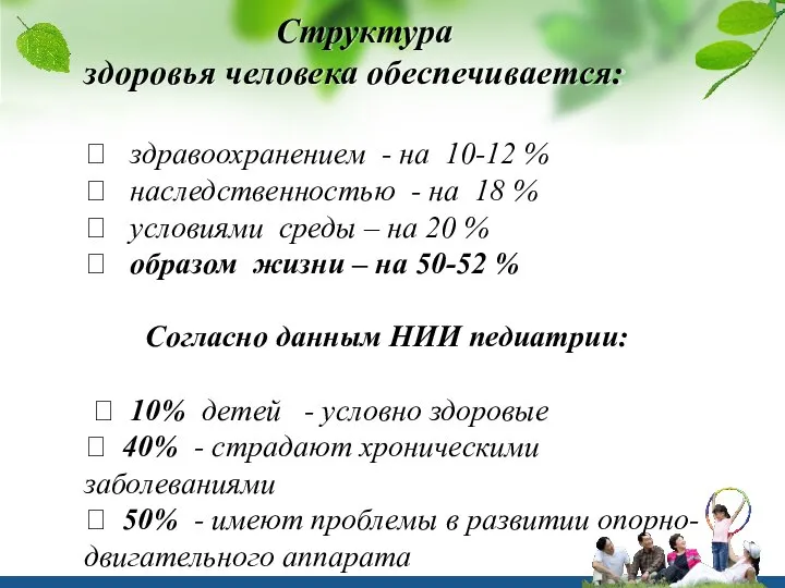 Структура здоровья человека обеспечивается: ? здравоохранением - на 10-12 % ?