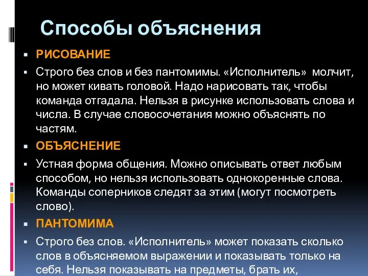 Способы объяснения РИСОВАНИЕ Строго без слов и без пантомимы. «Исполнитель» молчит,