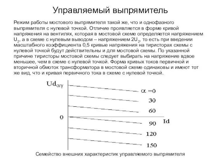 Управляемый выпрямитель Режим работы мостового выпрямителя такой же, что и однофазного