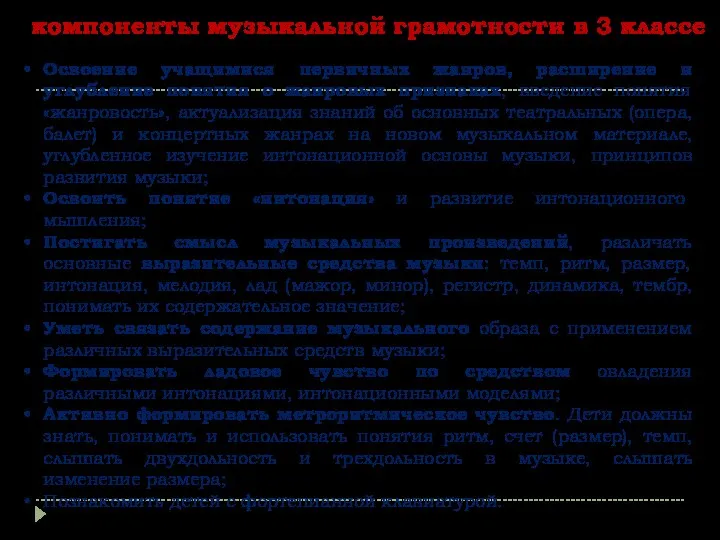 компоненты музыкальной грамотности в 3 классе Освоение учащимися первичных жанров, расширение