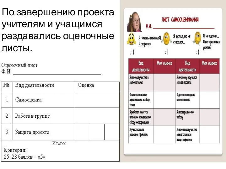 По завершению проекта учителям и учащимся раздавались оценочные листы.