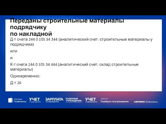 Переданы строительные материалы подрядчику по накладной Д-т счета 244 0 105