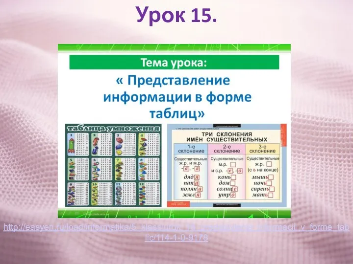 Урок 15. http://easyen.ru/load/informatika/5_klass/urok_15_predstavlenie_informacii_v_forme_tablic/114-1-0-9178